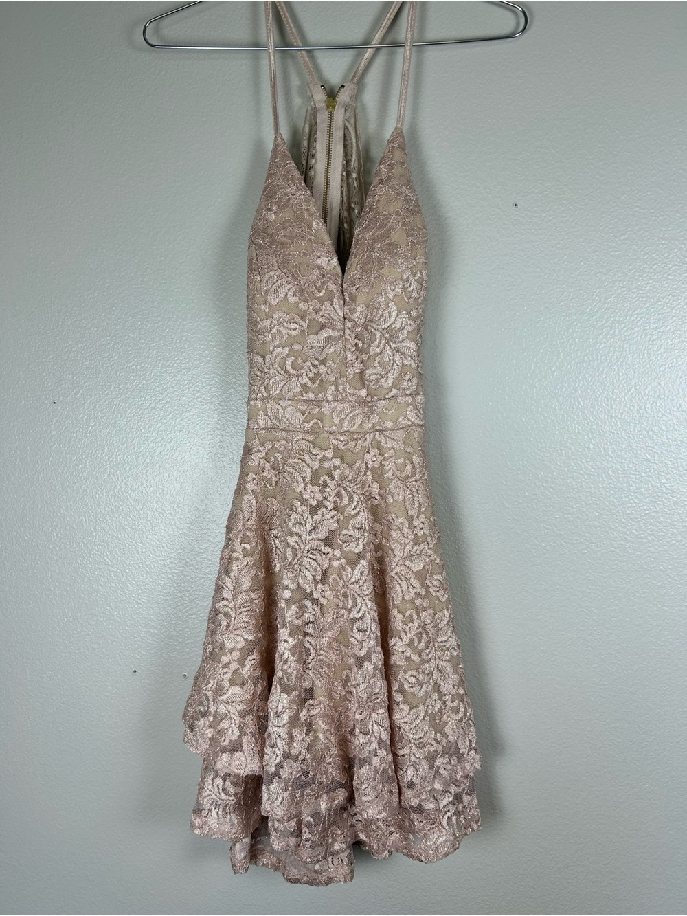 Windsor Homecoming Strappy Lace Fit & Flare Mini Dress in Taupe size large - Picture 3 of 9